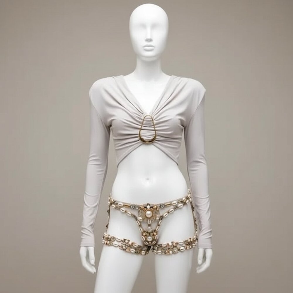 Coming Soon…Beige Slim Fit Sexy Crop Blouse With Plunging Neck